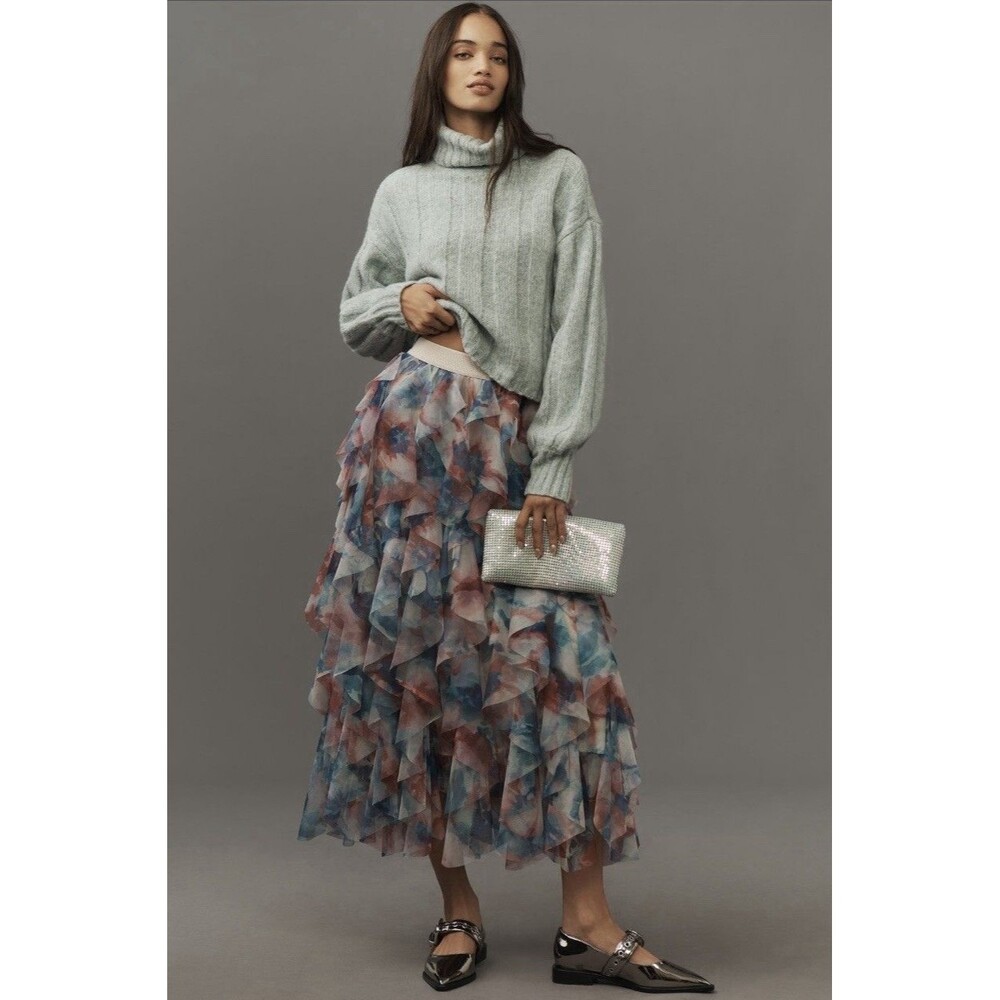Anthropologie Cheri Ruffled Tulle Preppy Green Pattern Midi Skirt Size S NWT
